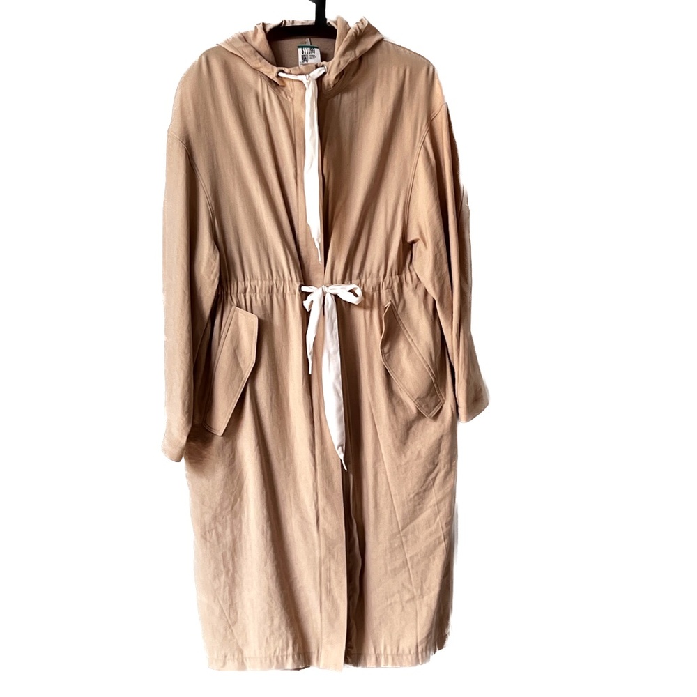 N. Brown Duster Jacket Coat Medium Tan Beige Drawstring Waist Hood Large Pockets